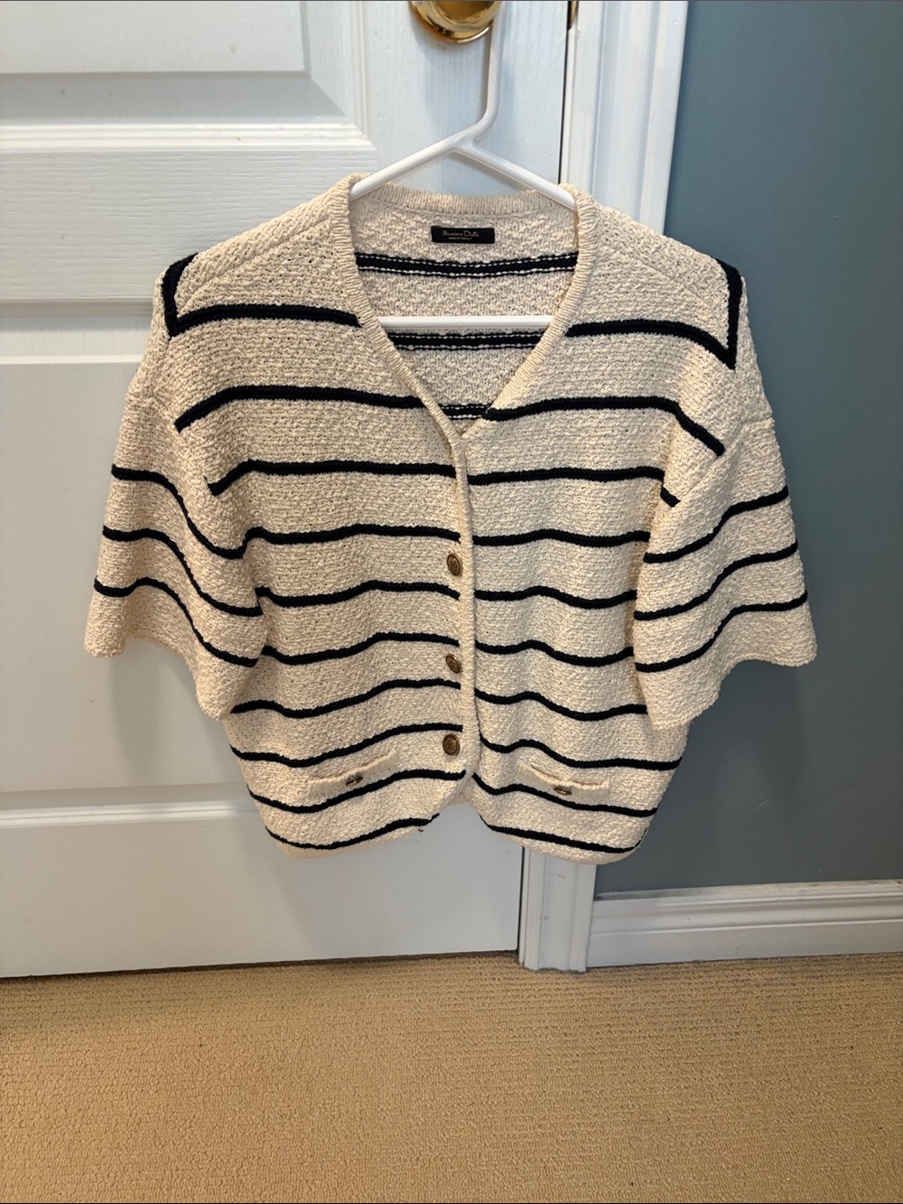 Massimo Dutti Cream and Black Striped Short-Sleeve Cardigan